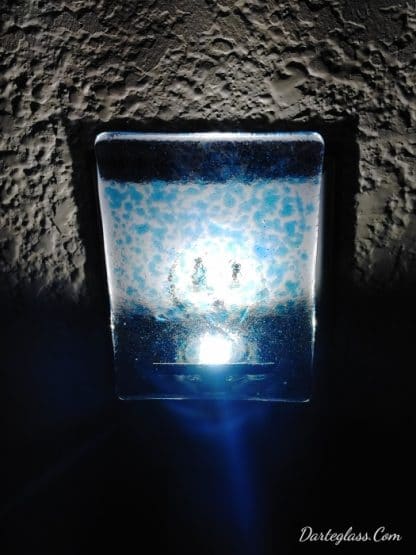 LED Night light with Teal Blue Specks on Clear Fused Glass.Handcrafted by DarteGlass, a woman owned brand.