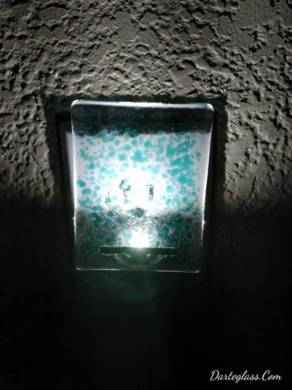 LED Night light with Teal Green Specks on Clear Fused Glass. Handcrafted by DarteGlass, a woman owned brand.