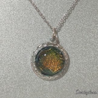 Gold and Green Glass Pendant in Decorative Stainless Steel Setting. Handcrafted by DarteGlass, a woman-owned business