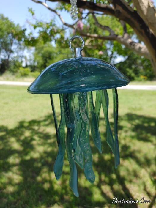 Green Fused Glass Jellyfish Wind Chime. Handmade by DarteGlass, a woman-owned business