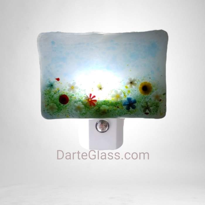 Floral Fused Glass LED Night Light. Handmade by DarteGlass, a woman owned business.