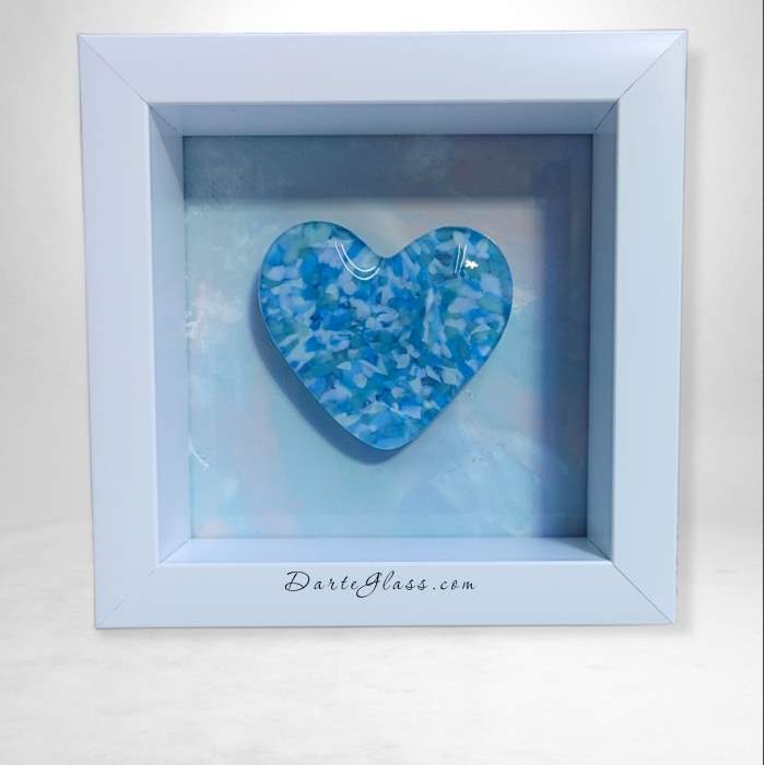 Light Blue Speckled Glass Heart, mounted in 5x5 shadow box frame. Handcrafted by DarteGlass, a woman-owned business.