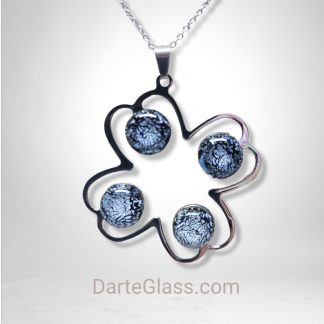 Four Leaf Stainless Steel Pendant with Dichroic Dark Blue Fused Glass. Handmade by DarteGlass, a woman-owned business