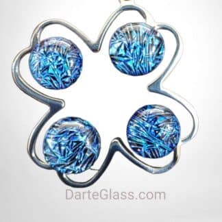Four Leaf Stainless Steel Pendant with Dichroic Dark Blue Fused Glass. Handmade by DarteGlass, a woman-owned business