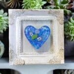 Blue Glass Heart in White Leaf Corner Shadow box Frame