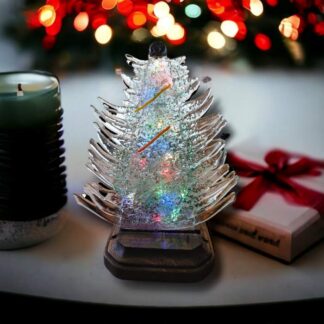 Light Green Glass Christmas Tree, with LED Lights in Wood Stand