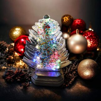 Multicolored Glass Christmas Tree, with LED Lights in Wood Stand