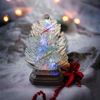 Light Blue Glass Christmas Tree, with LED Lights in Wood Stand