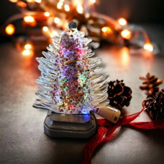 Pink Multicolored Glass Christmas Tree, with LED Lights in Wood Stand