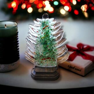Dark Green Glass Christmas Tree, with LED Lights in Wood Stand