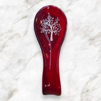 Red Transparent Fused Glass Spoon Rest with with Tree of Life