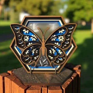 hexagon blue butterfly with a clear acrylic backing. Sits in a hexagon stand, which is removable.