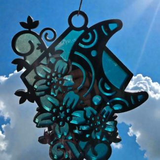 Blue and green flowers and moon, in a stained glass style, acrylic suncatcher