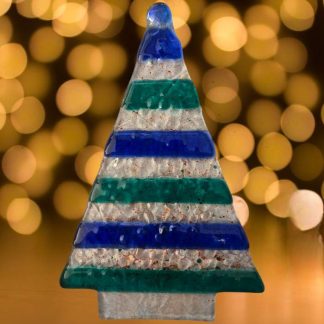 Blue and green on clear glass Christmas tree.