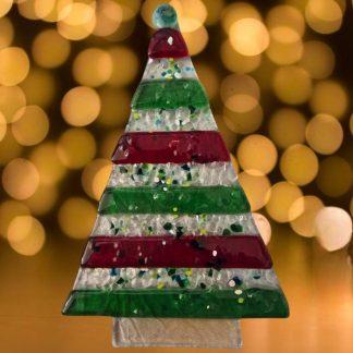 Green and red on clear glass Christmas tree.